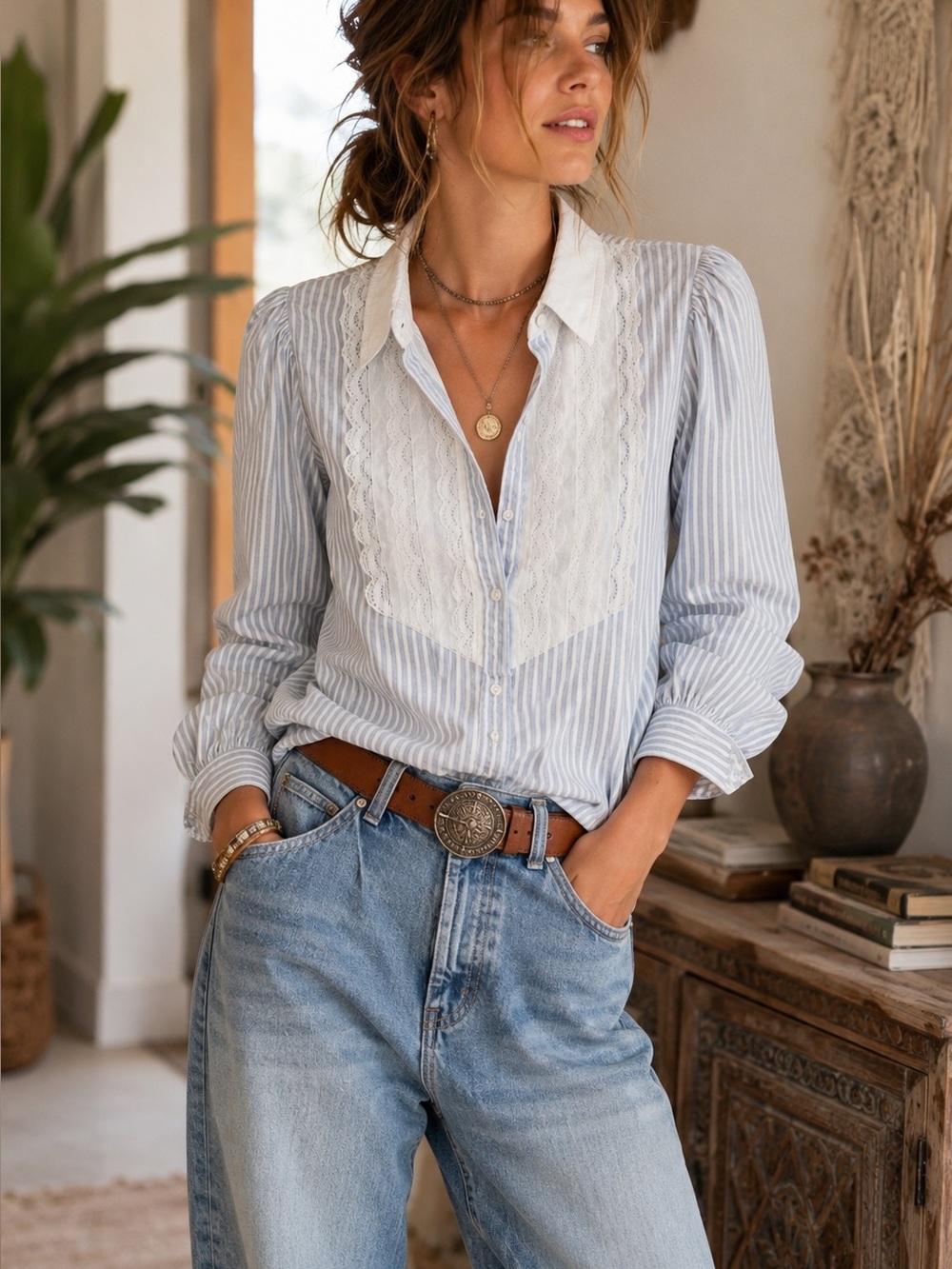 Escada Vintage Blue White Striped Lace Button-Down Shirt Size 36 Small